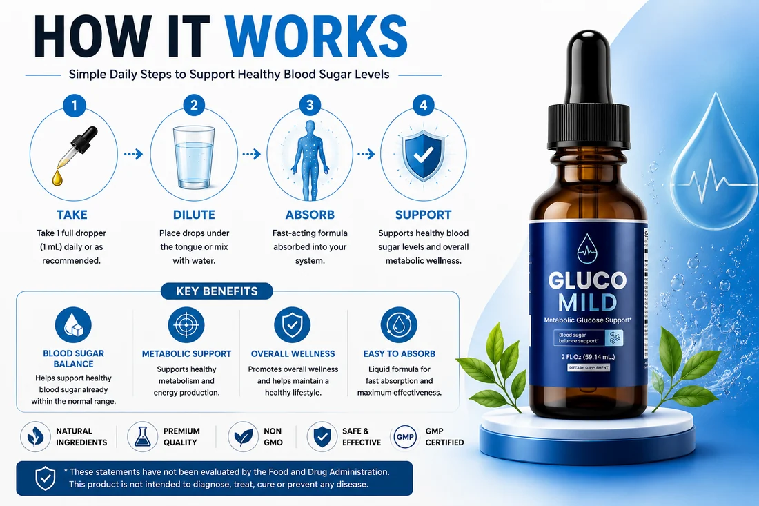 How GlucoMild works: take, dilute, absorb, support